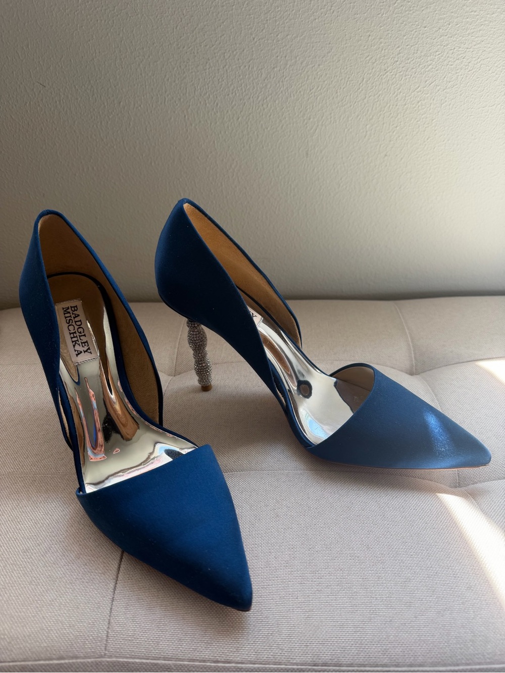 Badgley Mischka Navy Satin D'Orsay Pointed Toe Pumps with Jeweled Heel